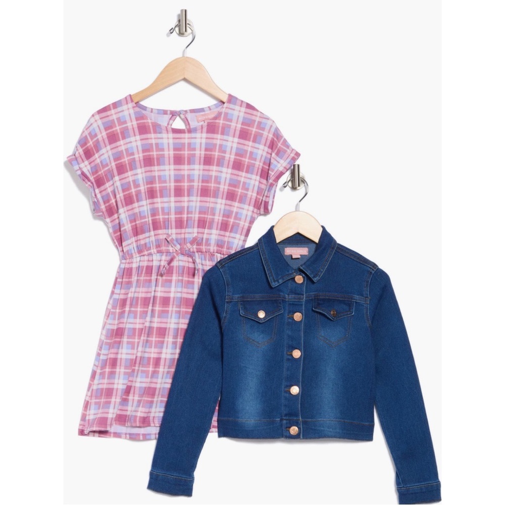 BCBG‎ Girls 2-Piece Set Summer Plaid Dress Denim Jacket Size 12 NWT Preppy